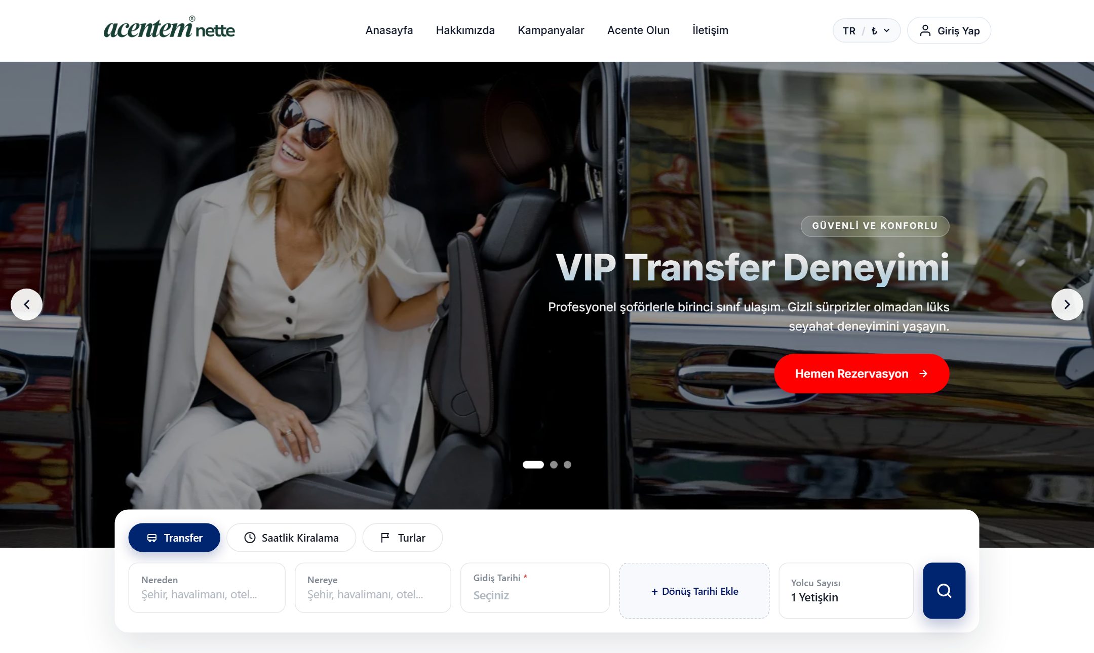 Yegsoft canlı demo — transfer rezervasyon ekranı
