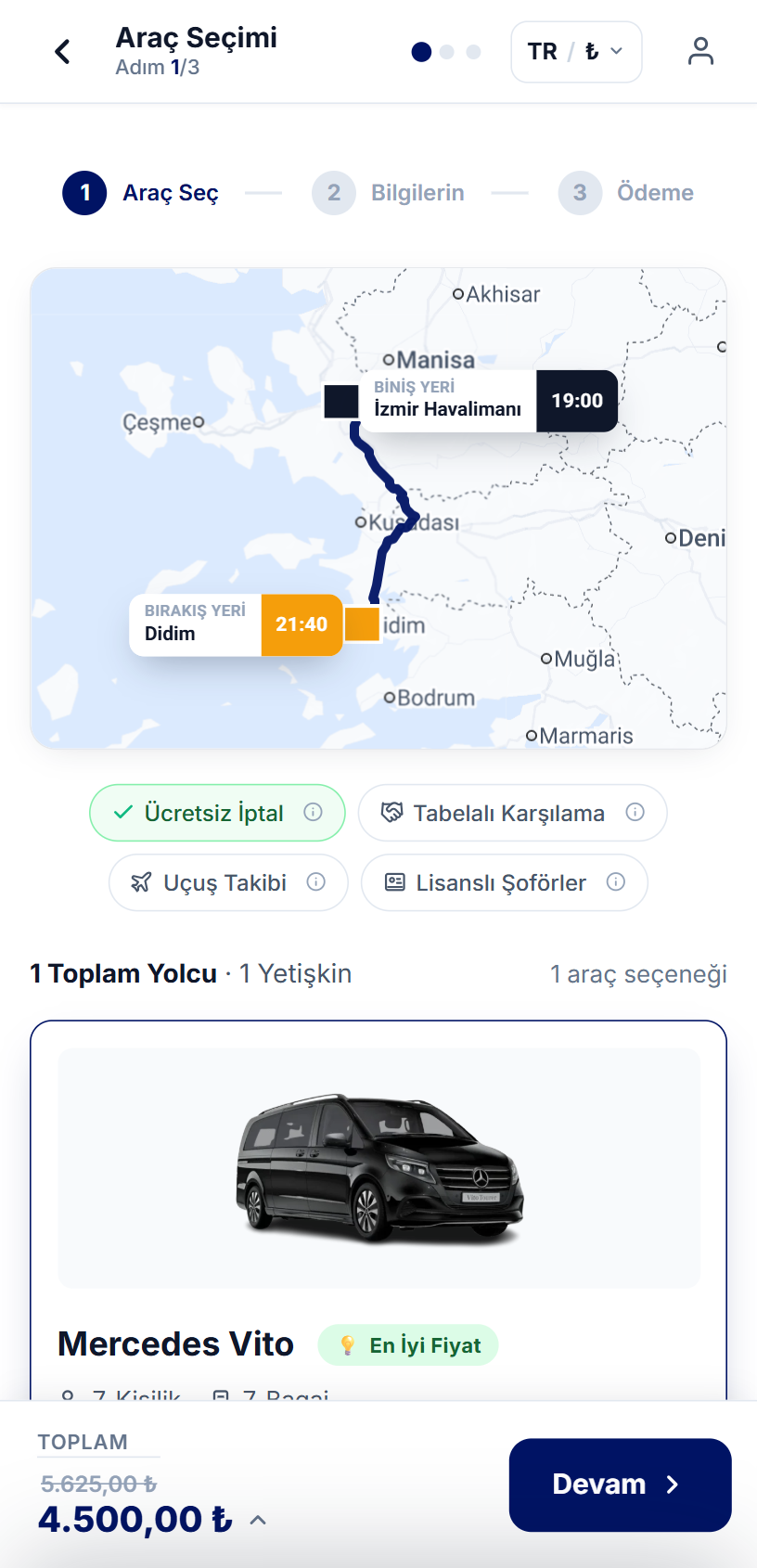 Yegsoft mobil görünüm — transfer araç seçimi ekranı